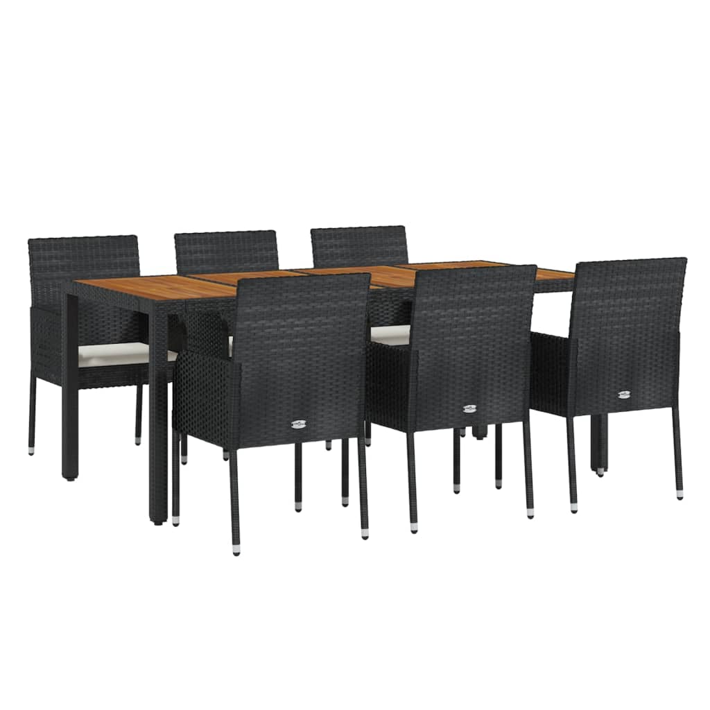 7 pcs conjunto de jantar p/ jardim c/ almofadões vime PE preto
