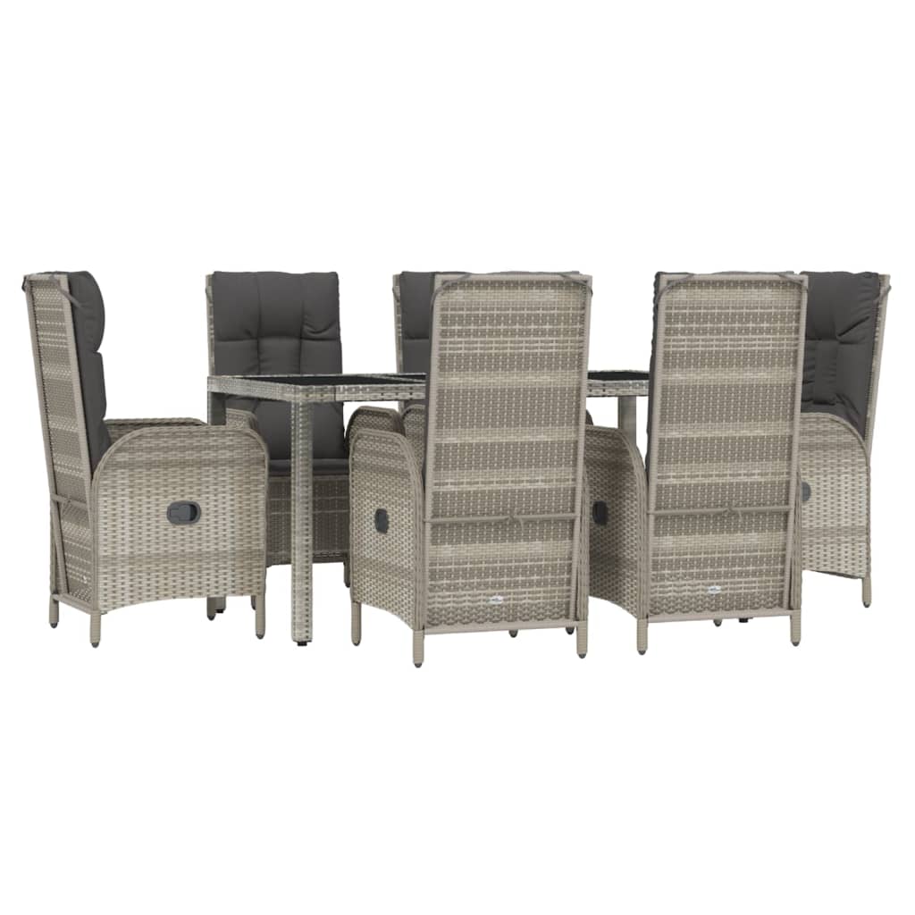 7 pcs conjunto de jantar p/ jardim c/ almofadões vime PE cinza