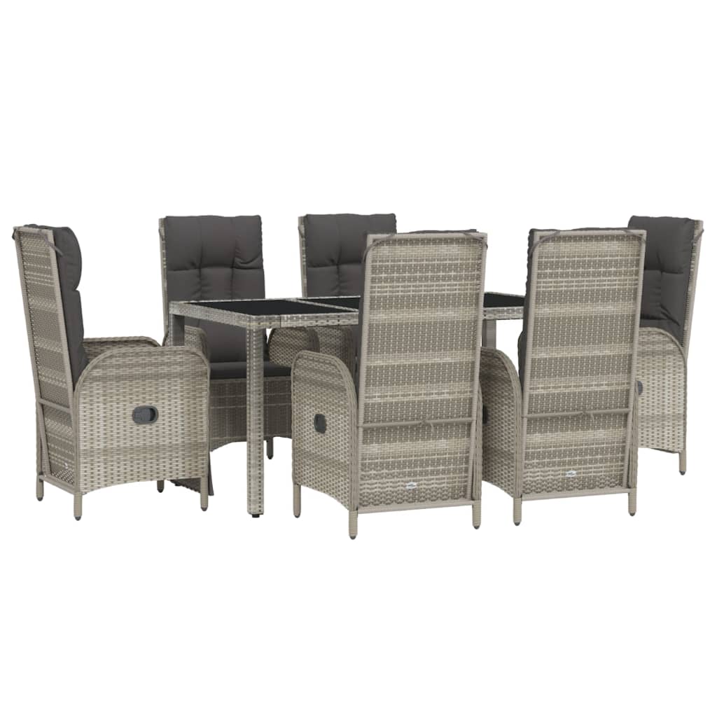 7 pcs conjunto de jantar p/ jardim c/ almofadões vime PE cinza
