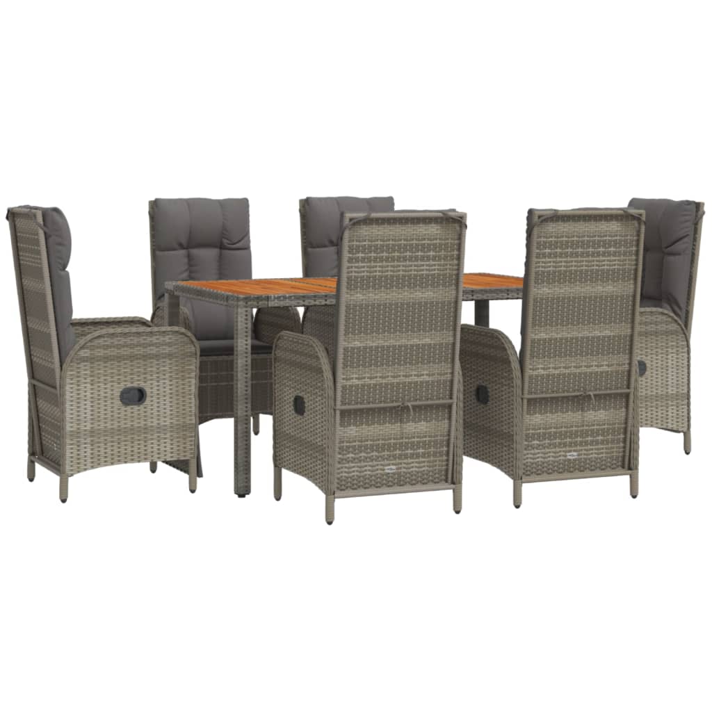 7 pcs conjunto de jantar p/ jardim c/ almofadões vime PE cinza