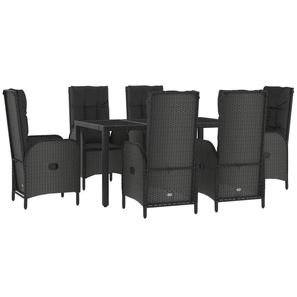 7 pcs conjunto jantar jardim c/ almofadões vime PE preto/cinza