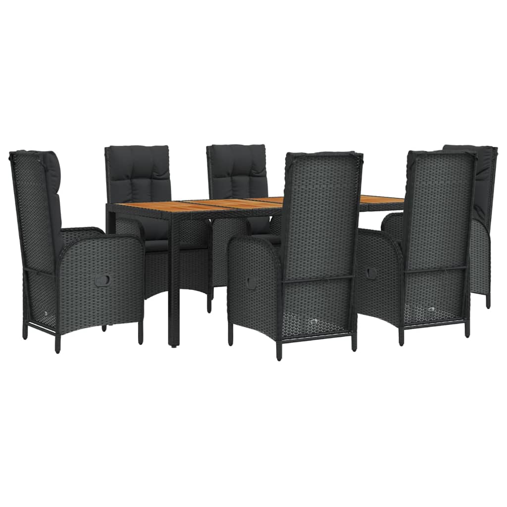 7 pcs conjunto de jantar p/ jardim c/ almofadões vime PE preto