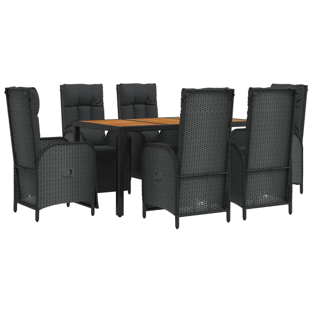 7 pcs conjunto de jantar p/ jardim c/ almofadões vime PE preto