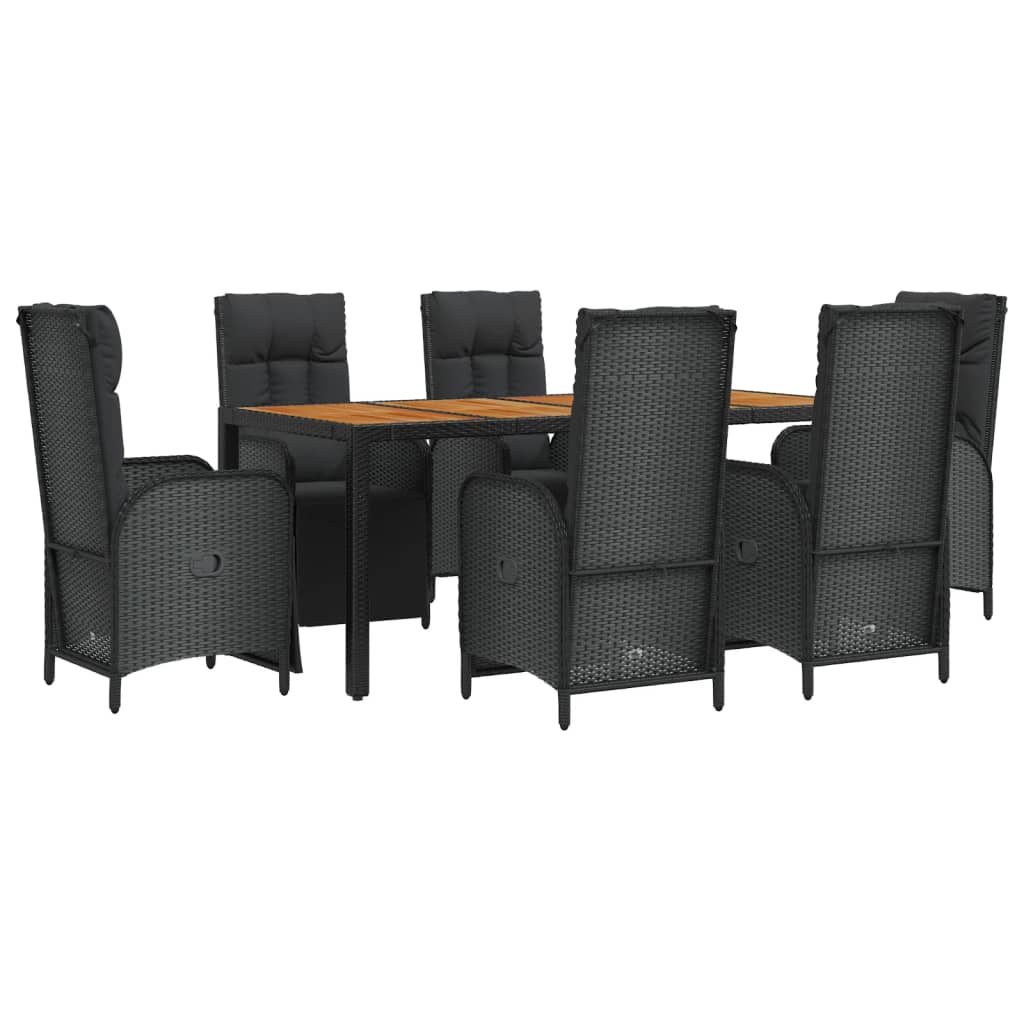 7 pcs conjunto de jantar p/ jardim c/ almofadões vime PE preto