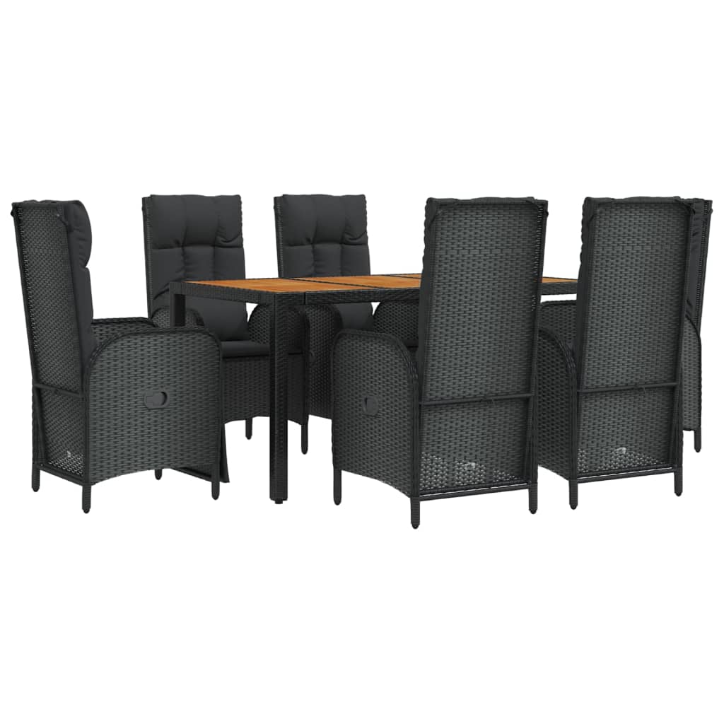 7 pcs conjunto de jantar p/ jardim c/ almofadões vime PE preto