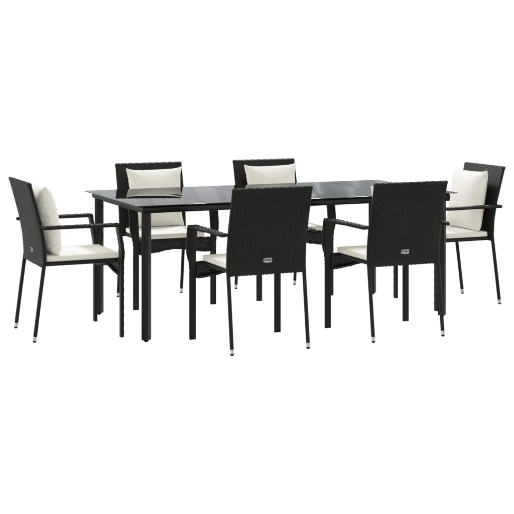 7 pcs conjunto de jantar p/ jardim c/ almofadões vime PE preto