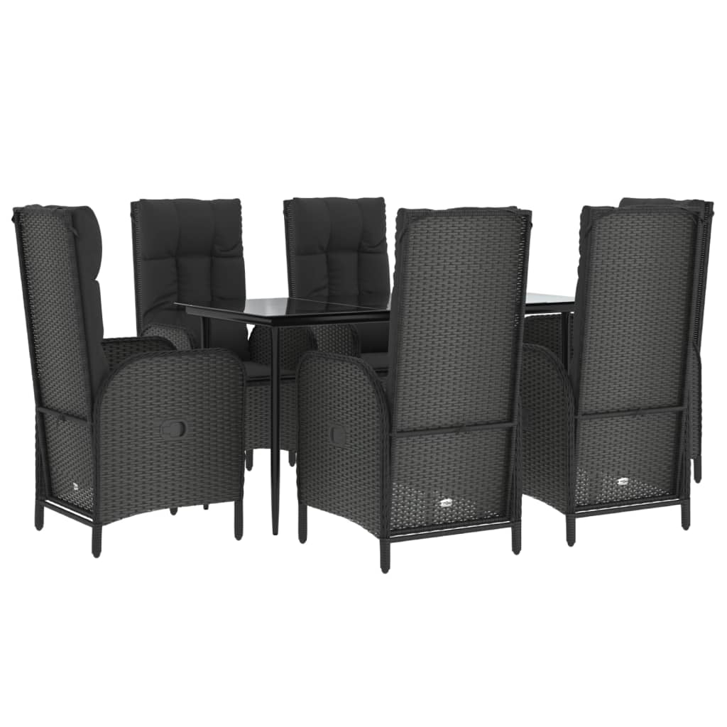7 pcs conjunto de jantar p/ jardim c/ almofadões vime PE preto