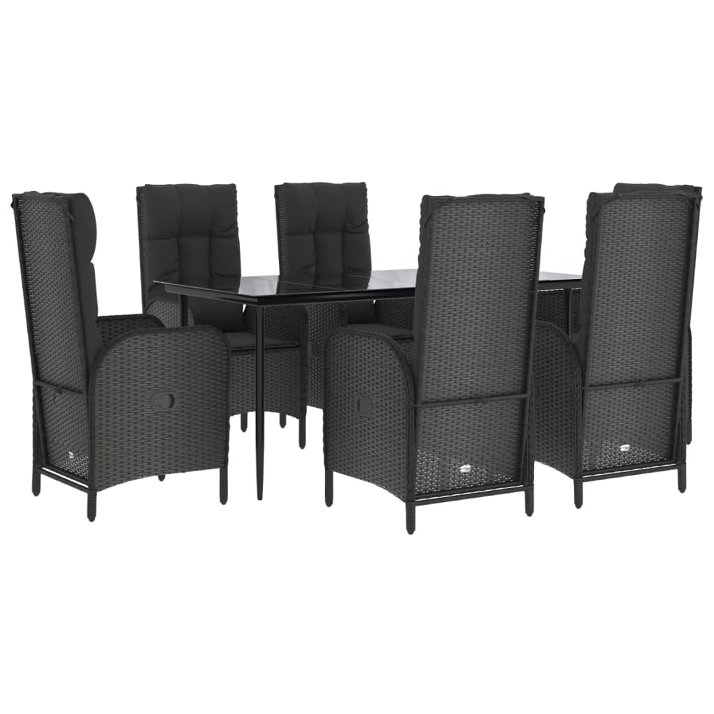 7 pcs conjunto de jantar p/ jardim c/ almofadões vime PE preto