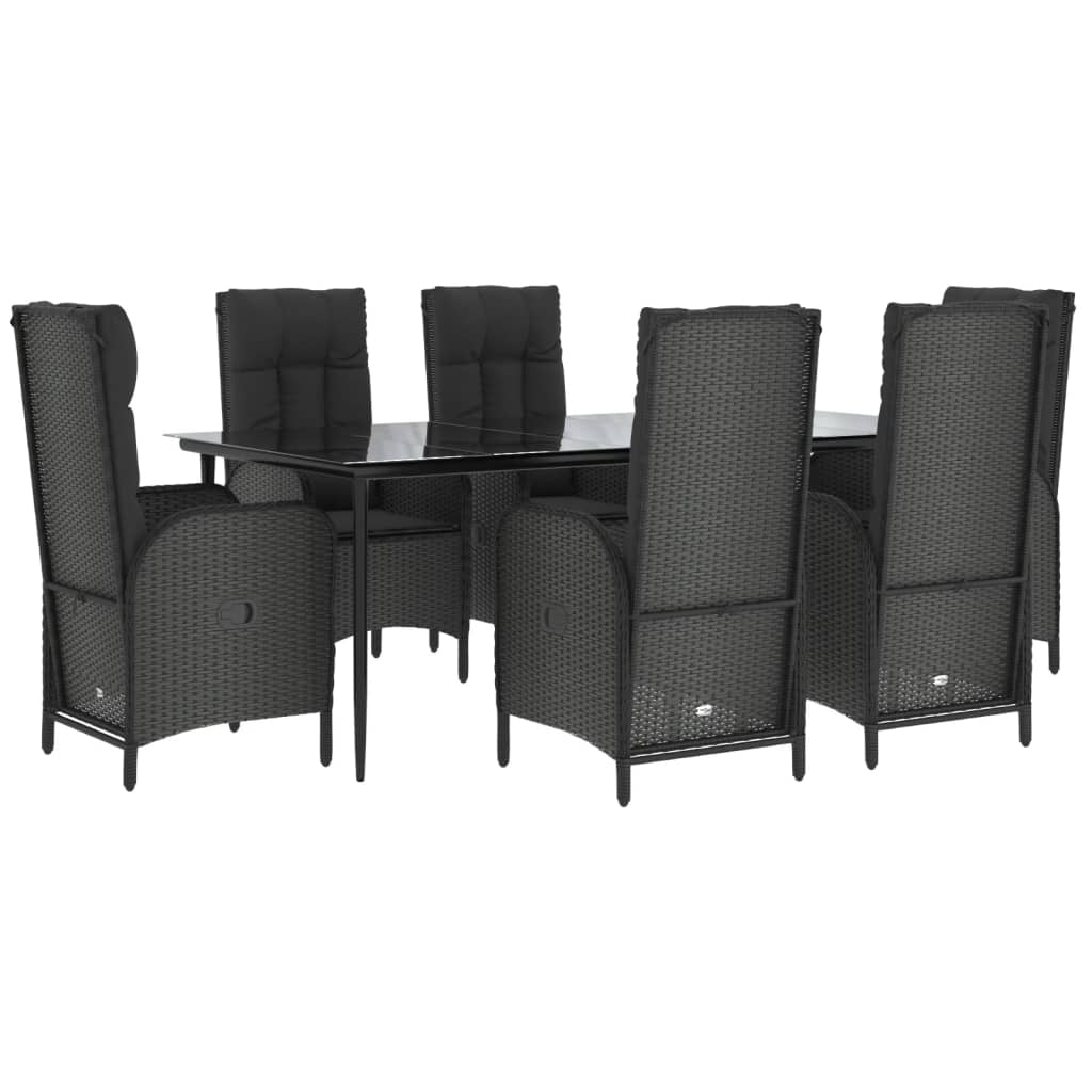 7 pcs conjunto de jantar p/ jardim c/ almofadões vime PE preto