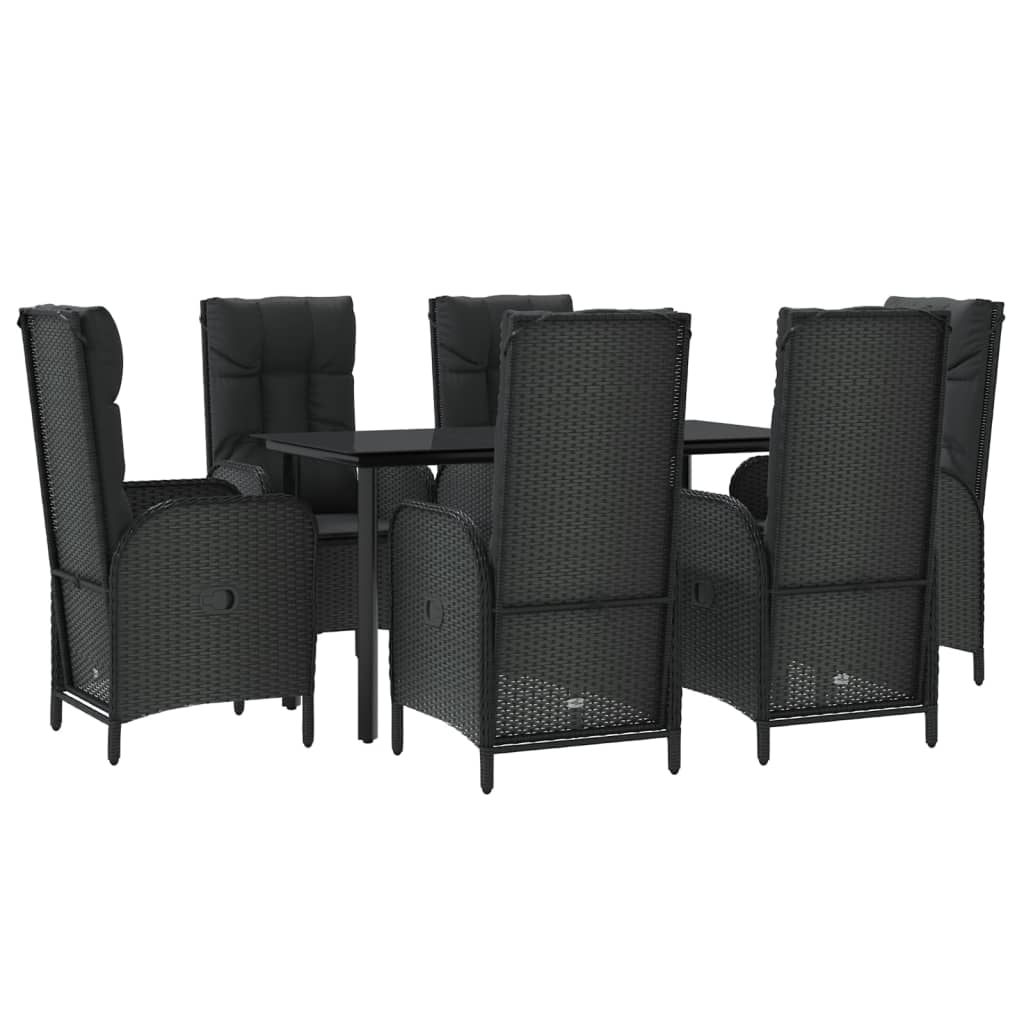 7 pcs conjunto de jantar p/ jardim c/ almofadões vime PE preto