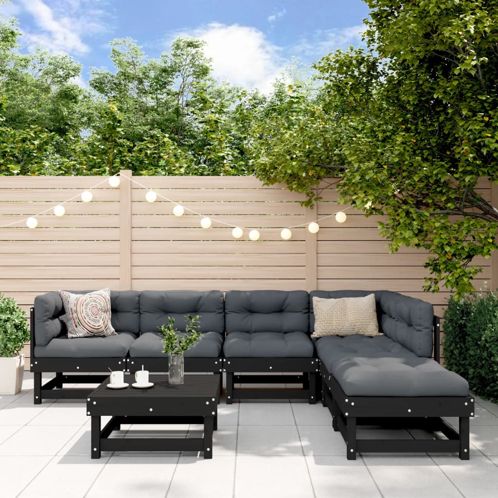 7 pcs conjunto lounge jardim c/ almofadões madeira maciça preto