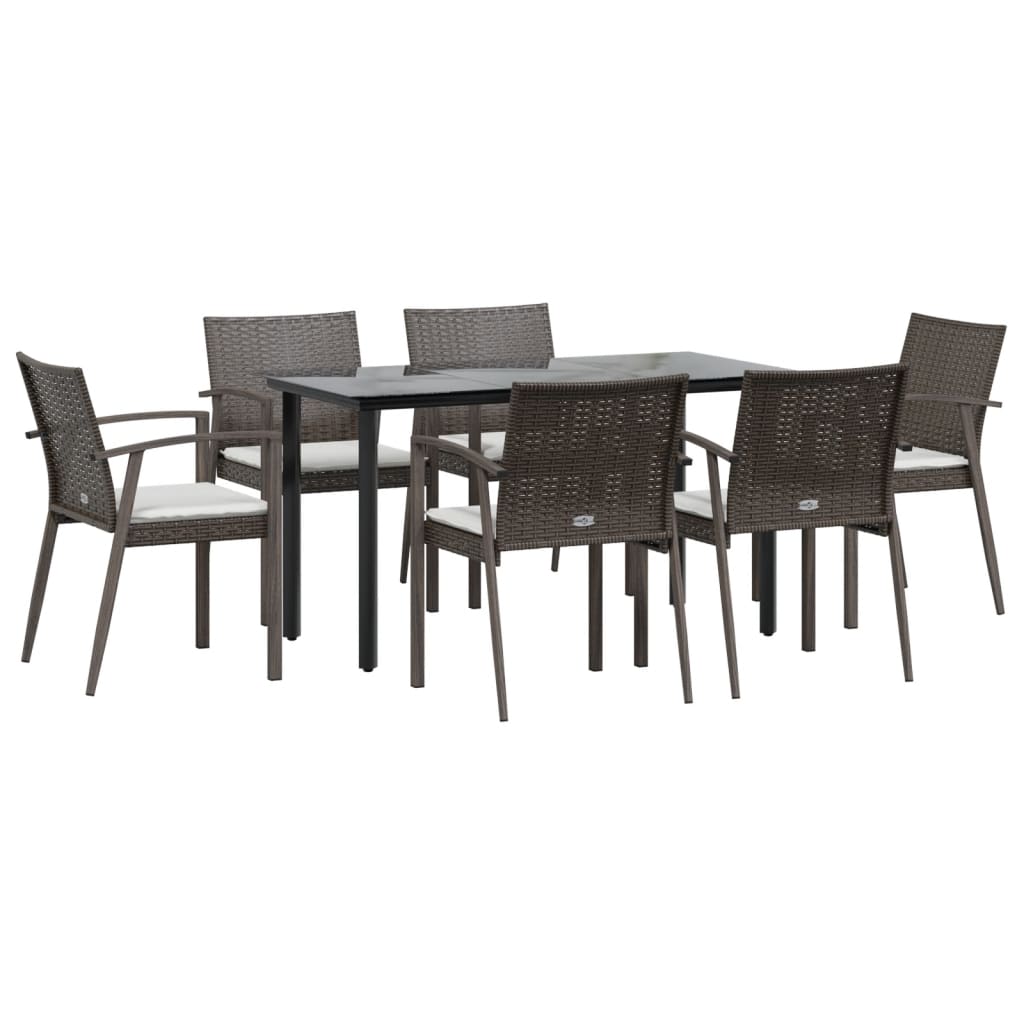 7 pcs conjunto de jantar p/ jardim c/ almofadões vime PE e aço