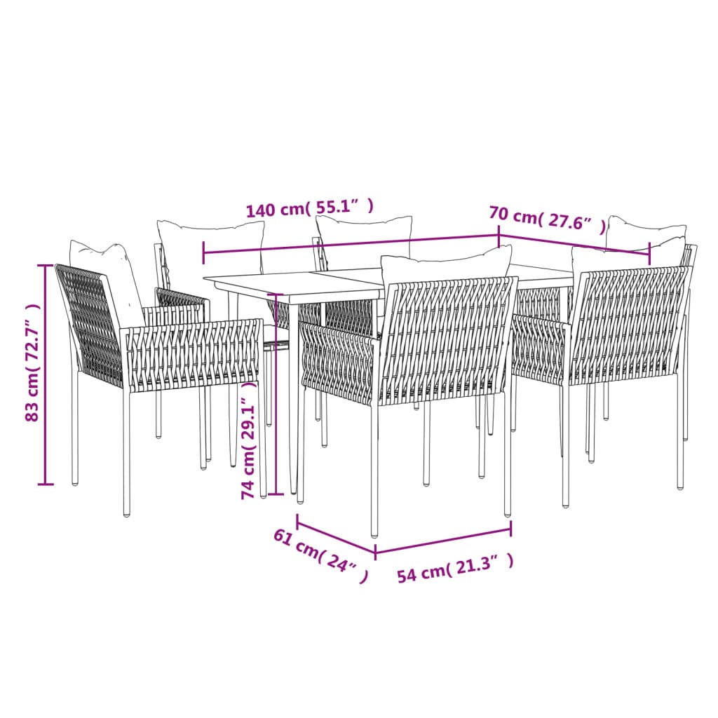 7 pcs conjunto de jantar p/ jardim c/ almofadões vime PE e aço