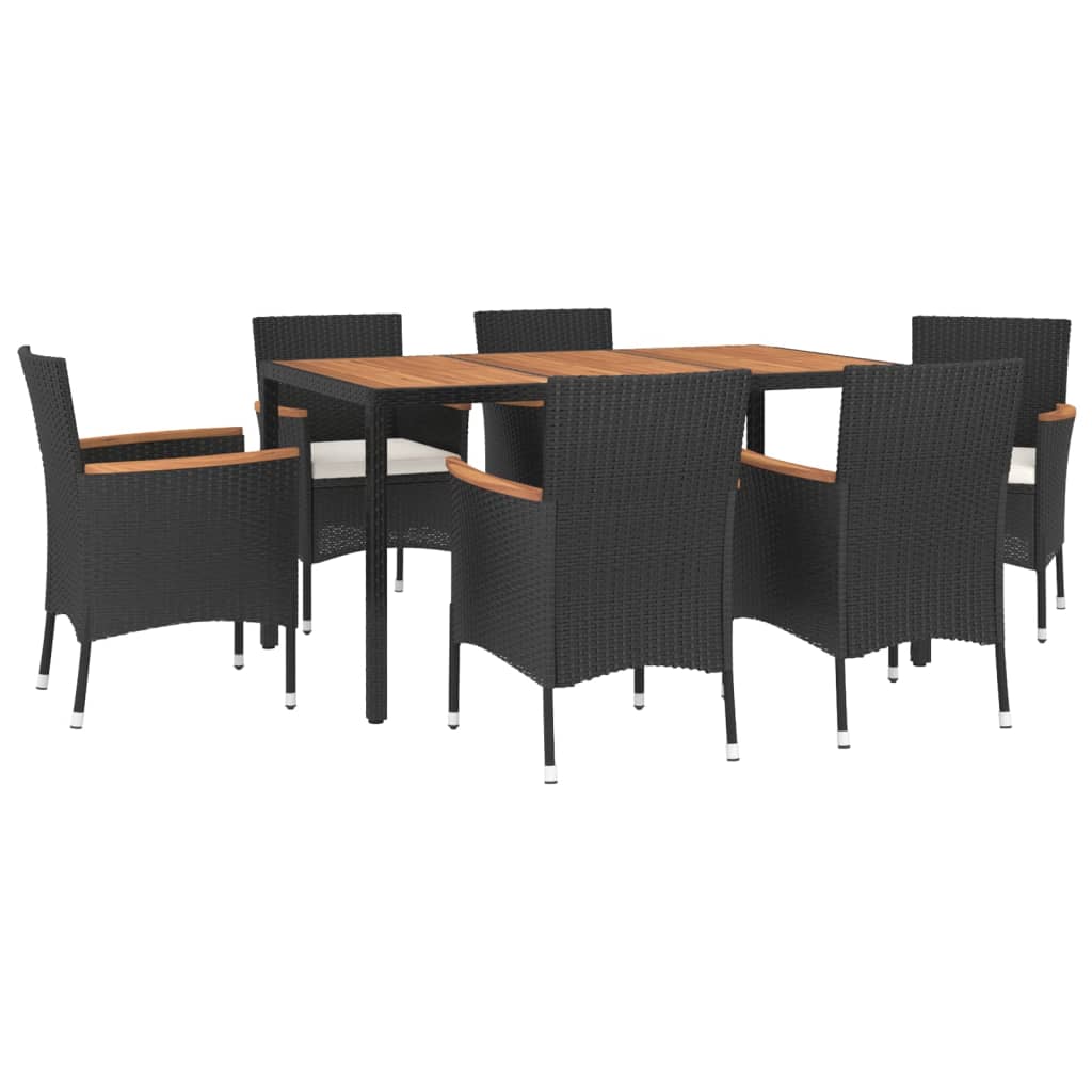 7 pcs conjunto de jantar p/ jardim c/ almofadões vime PE preto