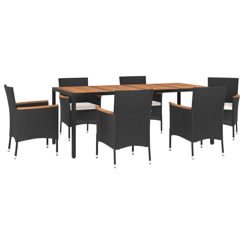 7 pcs conjunto de jantar p/ jardim c/ almofadões vime PE preto