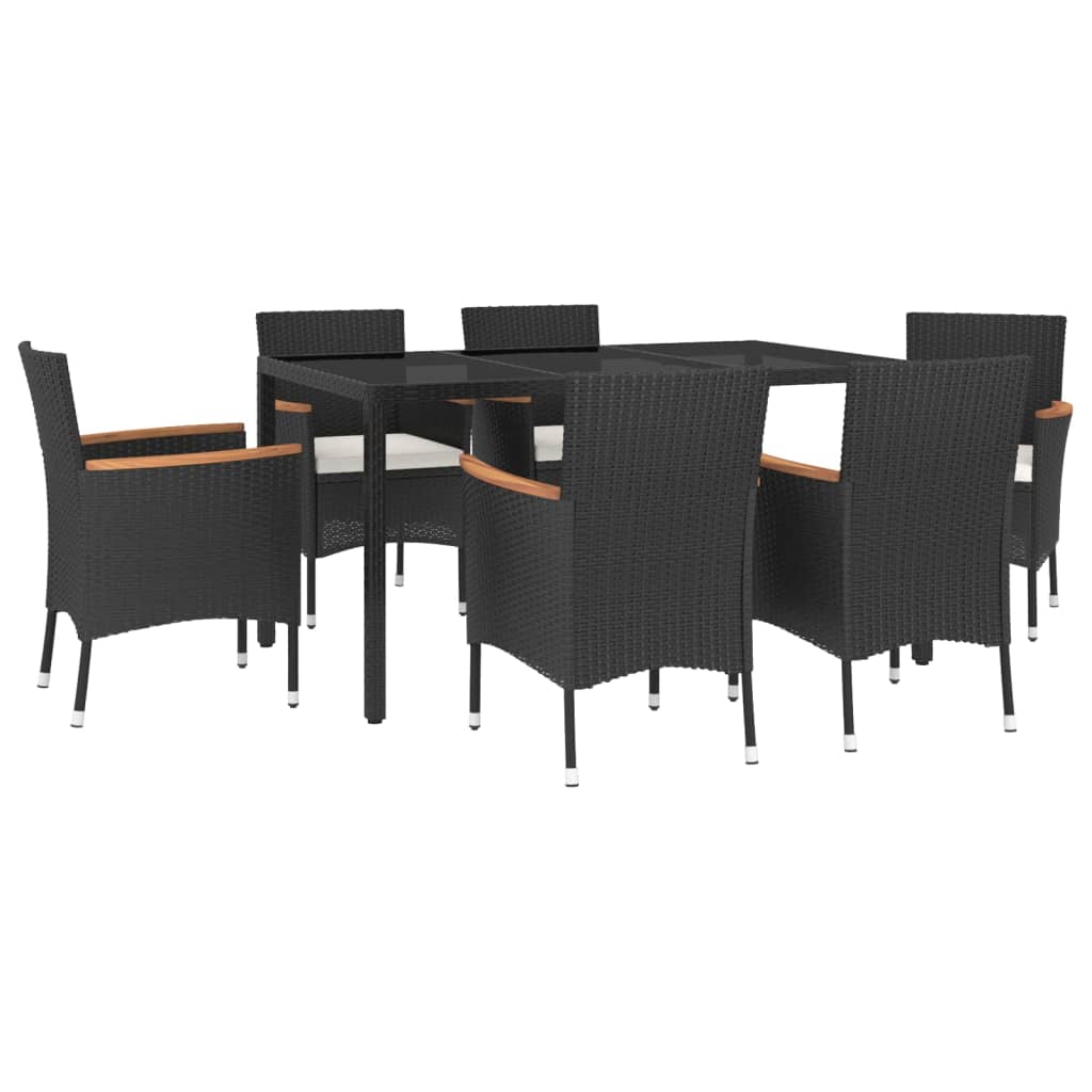 7 pcs conjunto de jantar p/ jardim c/ almofadões vime PE preto