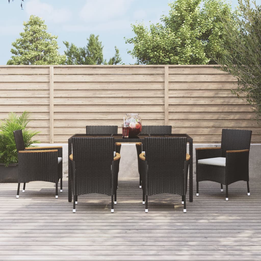 7 pcs conjunto de jantar p/ jardim c/ almofadões vime PE preto