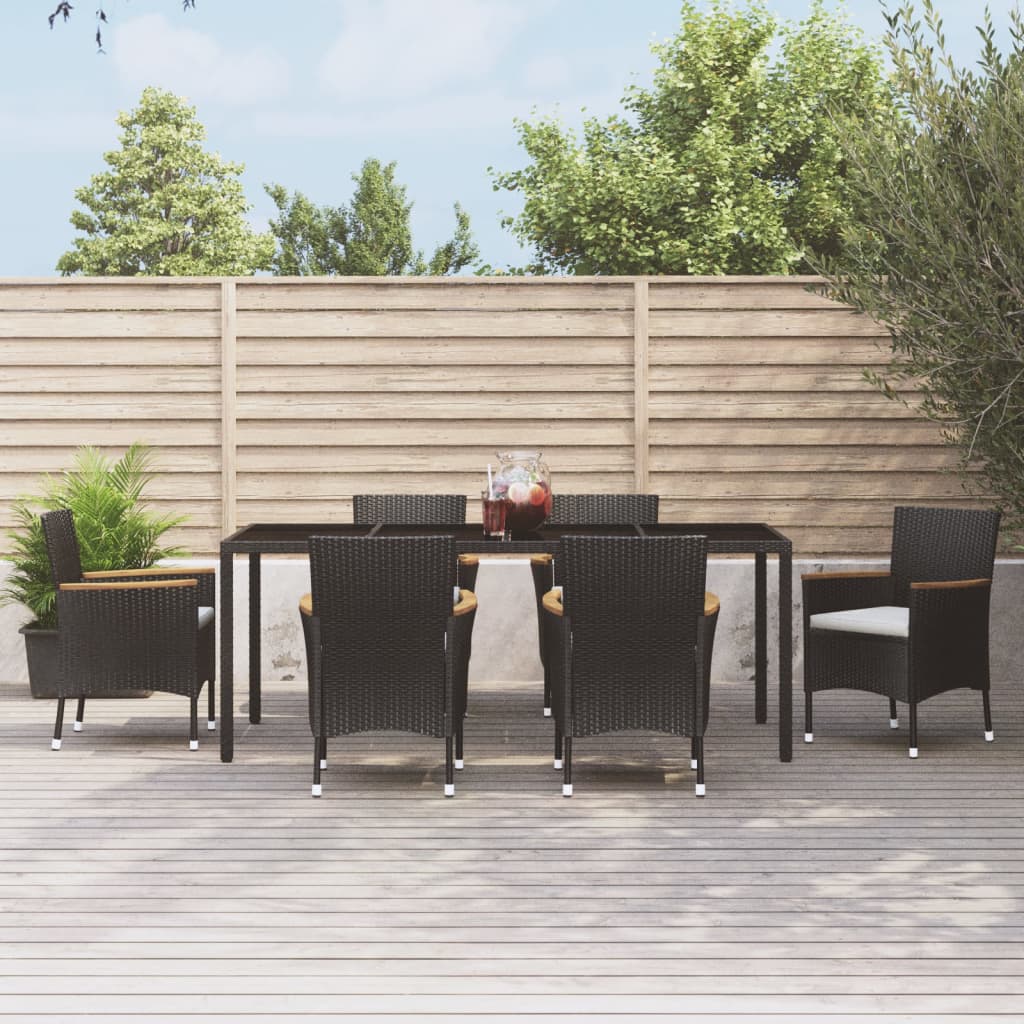 7 pcs conjunto de jantar p/ jardim c/ almofadões vime PE preto