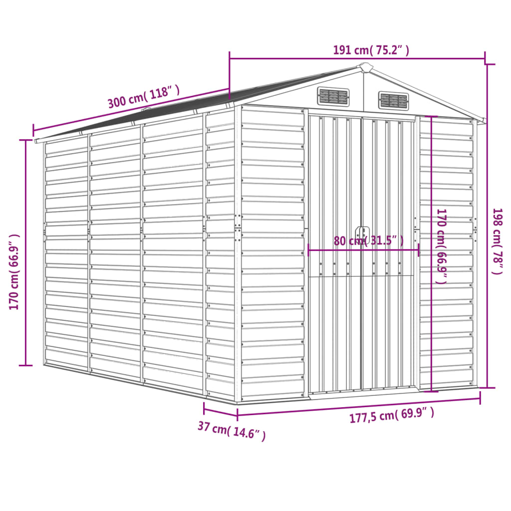 Abrigo de jardim verde 191x300x198 cm aço galvanizado