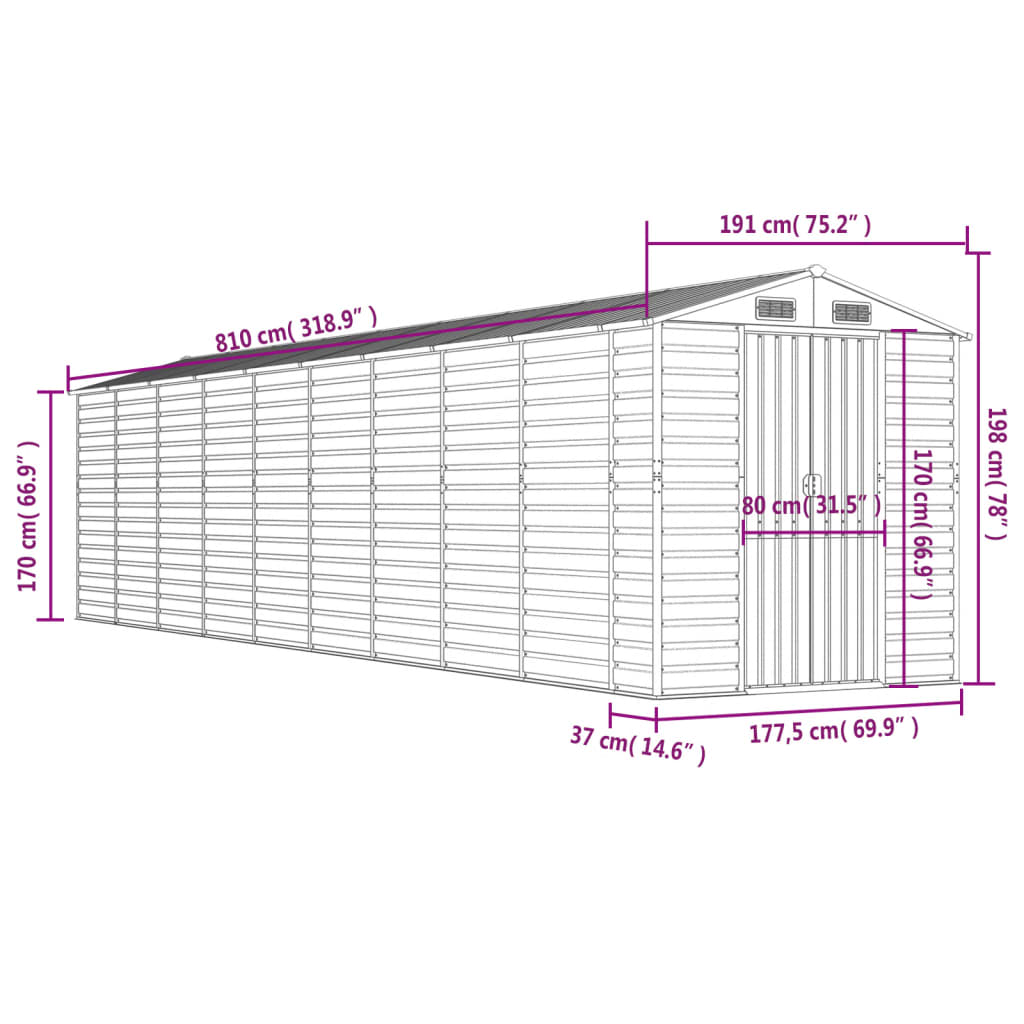 Abrigo de jardim 191x810x198 cm aço galvanizado verde