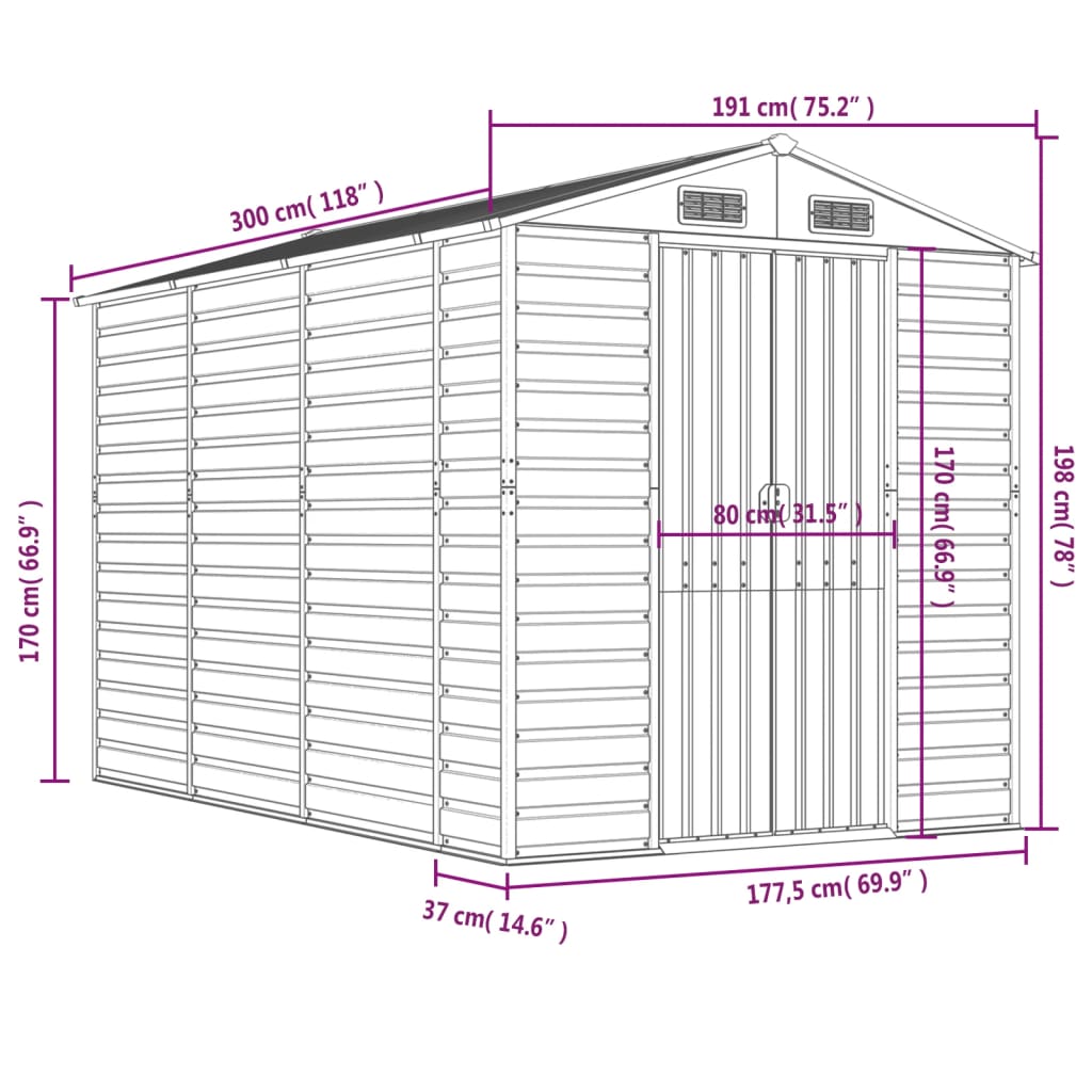 Abrigo de jardim cinza claro 191x300x198 cm aço galvanizado