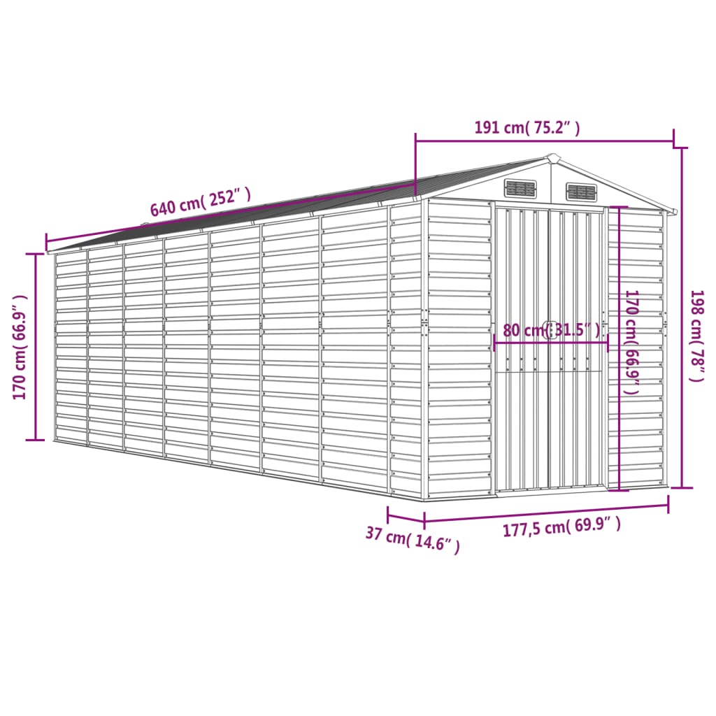 Abrigo de jardim cinza claro 191x640x198 cm aço galvanizado