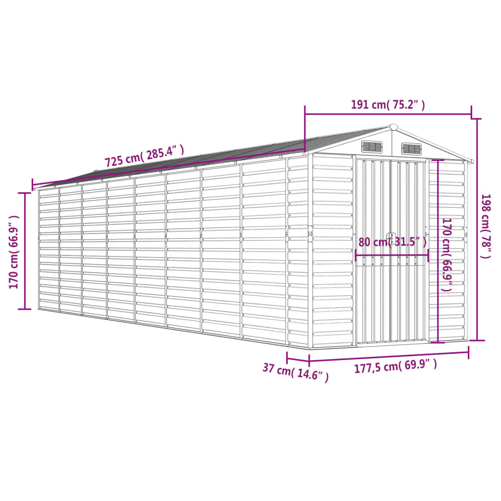 Abrigo de jardim cinza claro 191x725x198 cm aço galvanizado