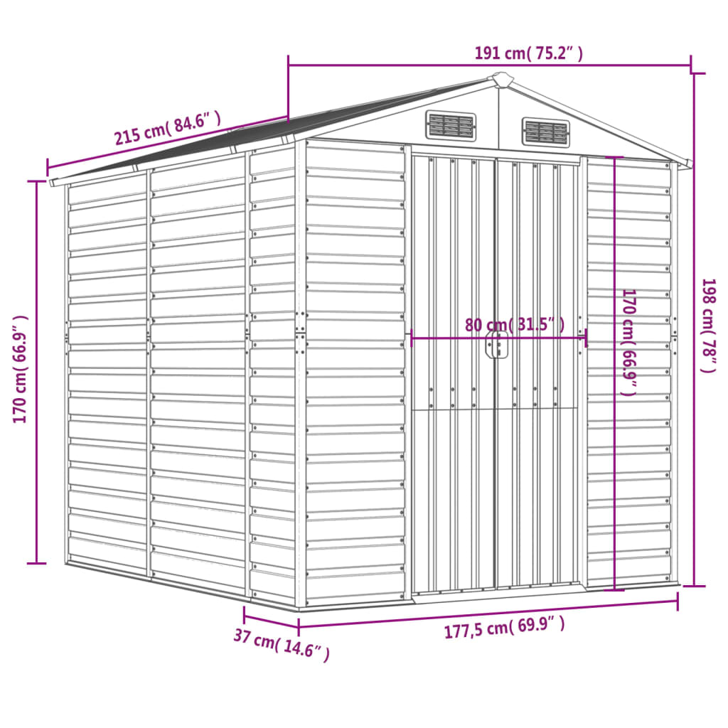 Abrigo de jardim 191x215x198 cm aço galvanizado antracite