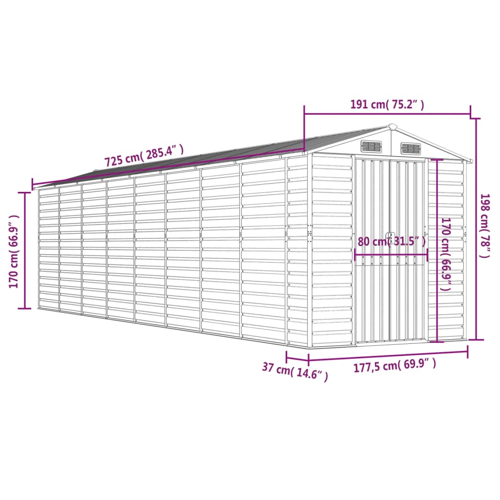 Abrigo de jardim 191x725x198 cm aço galvanizado antracite