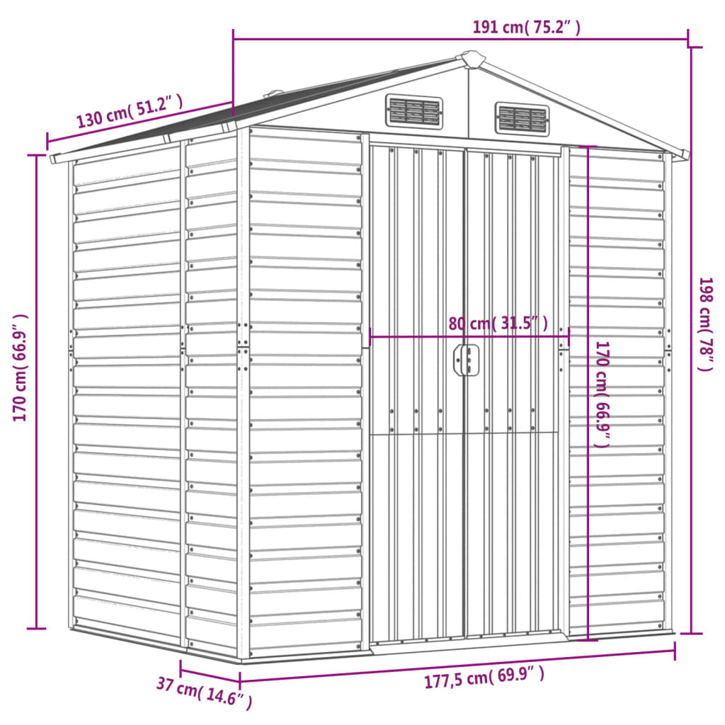 Abrigo de jardim 191x130x198 cm aço galvanizado castanho