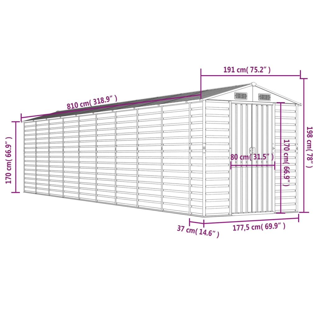 Abrigo de jardim 191x810x198 cm aço galvanizado castanho