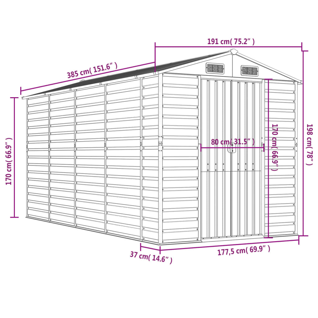 Abrigo de jardim 191x385x198 cm aço galvanizado castanho-claro