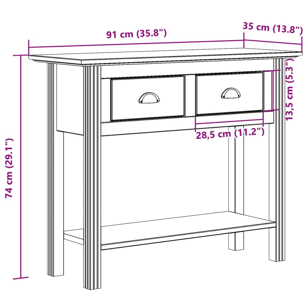 Mesa consola BODO 91x35x74 cm madeira de pinho maciça cinzento