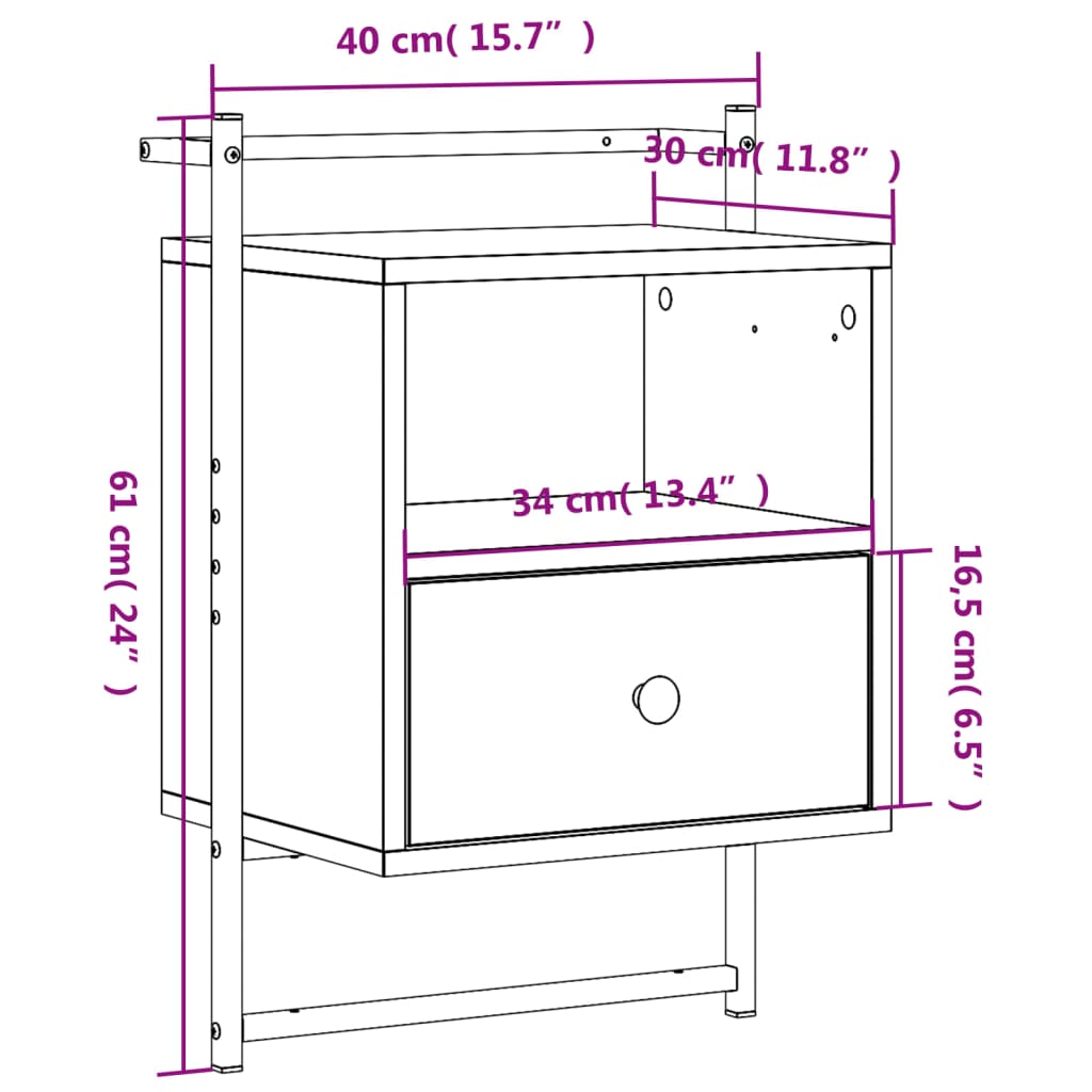 Mesa cabeceira parede 40x30x61cm deriv. madeira cinzento sonoma