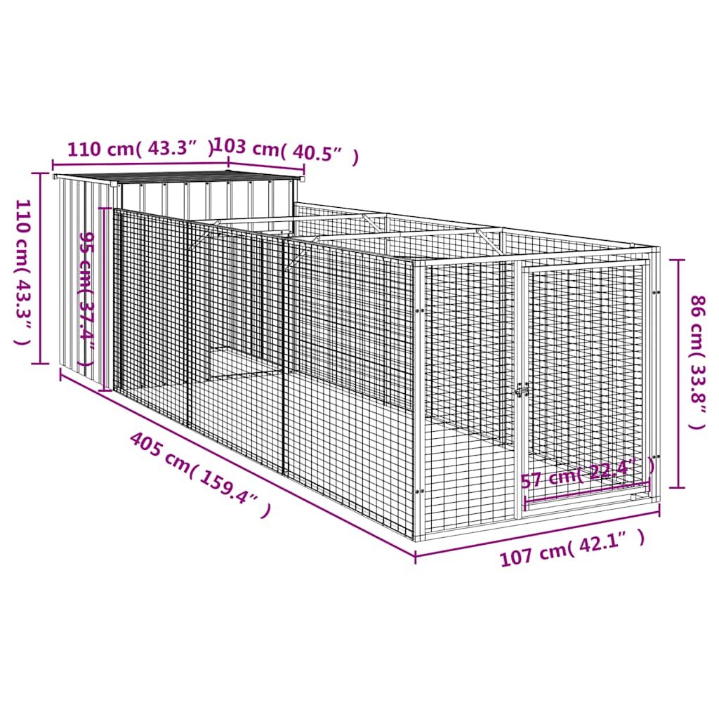 Casota p/ cães c/ parque 110x405x110 cm aço galvaniz. antracite