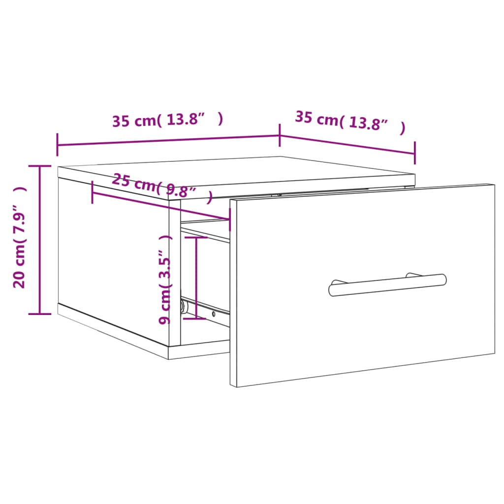 Mesa de cabeceira de parede 35x35x20 cm cor carvalho fumado