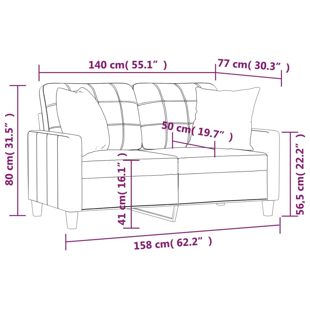 Sofá 2 lugares + almofadas 140 cm couro artificial cappuccino