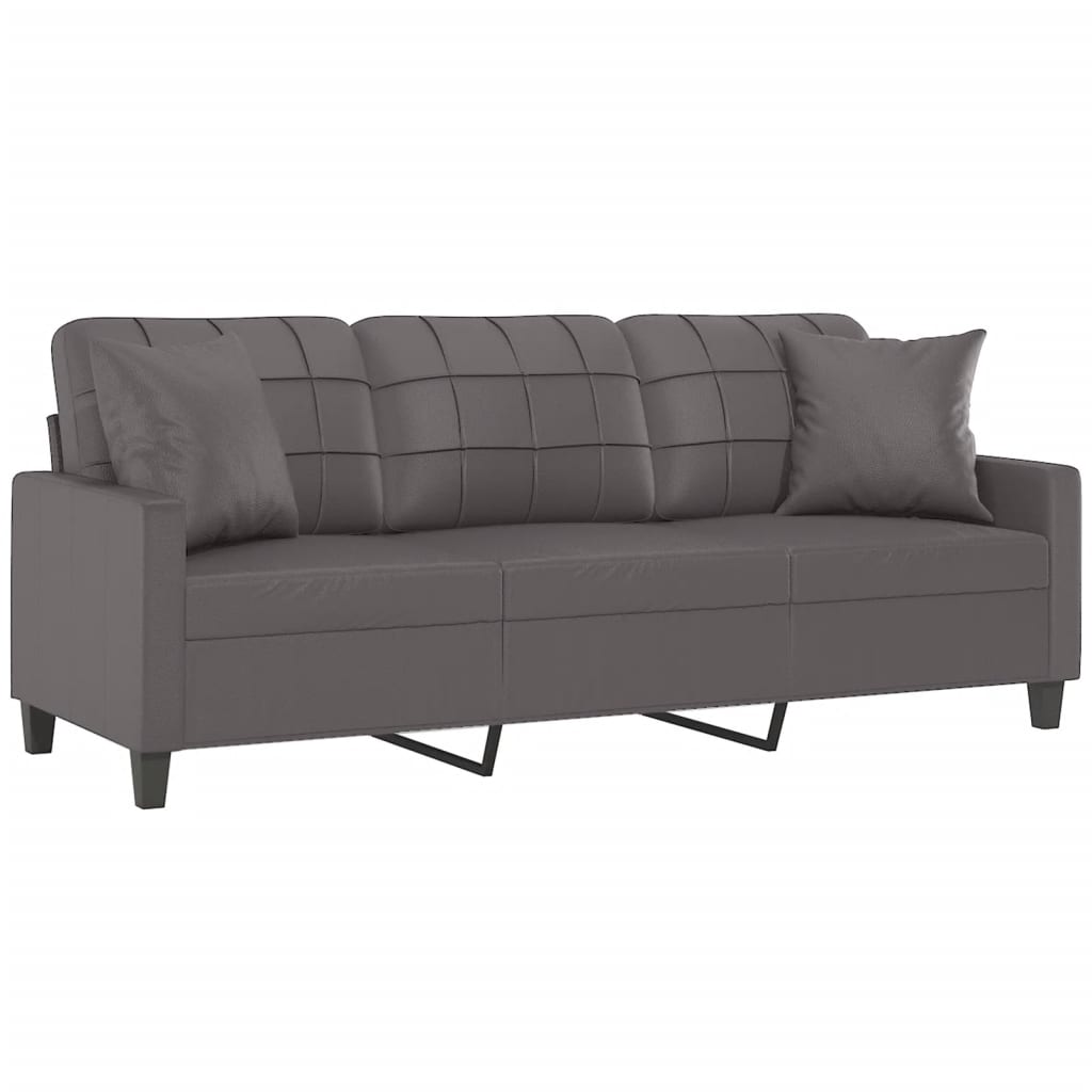 Sofá 3 lug. c/ almofadas decorativas 180 cm couro artif. cinza