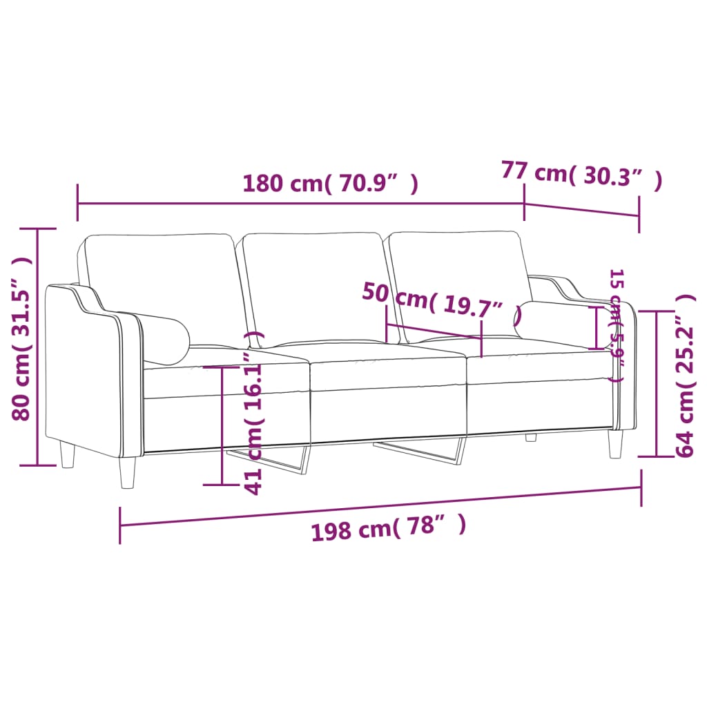 Sofá 3 lugares + almofadas decorativas 180 cm tecido castanho