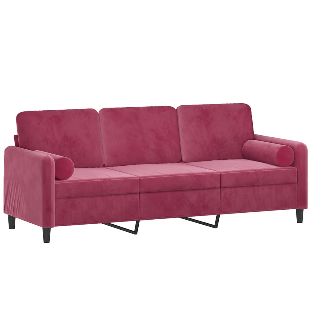 Sofá 3 lug. + almofadas decorativas 180cm veludo vermelho tinto