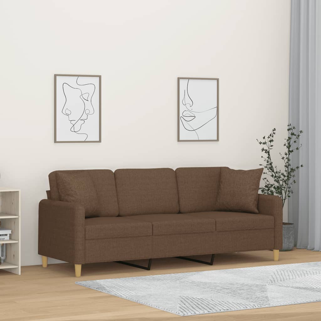 Sofá 3 lugares + almofadas decorativas 180 cm tecido castanho