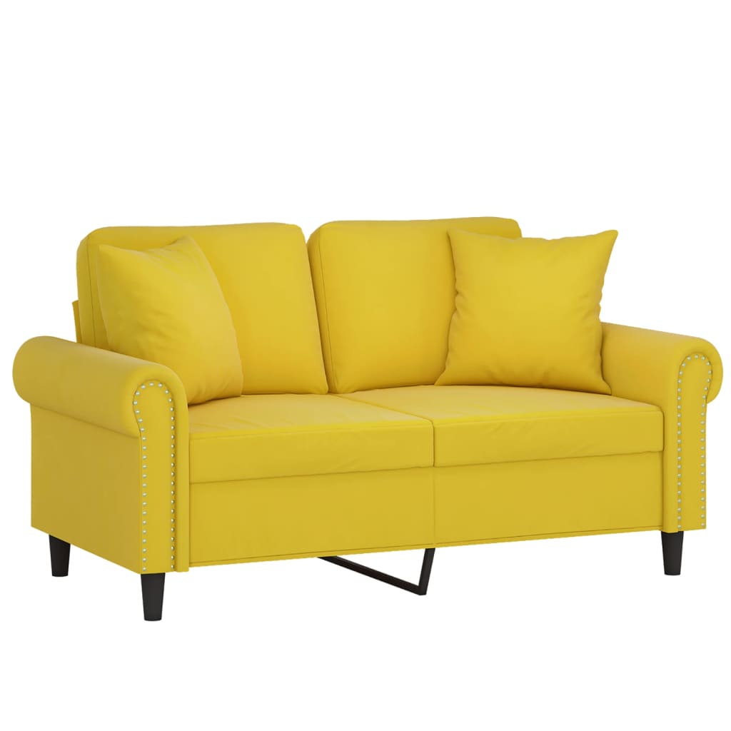 Sofá 2 lugares c/ almofadas decorativas 120 cm veludo amarelo