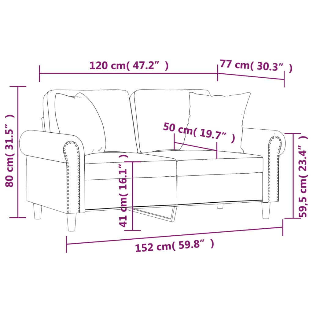 Sofá 2 lugares c/ almofadas decorativas 120 cm veludo castanho