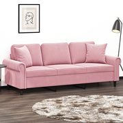 Sofá 3 lugares c/ almofadas decorativas 180 cm veludo rosa