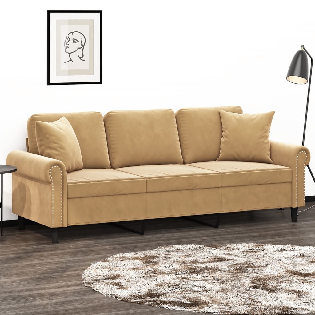 Sofá 3 lugares c/ almofadas decorativas 180 cm veludo castanho