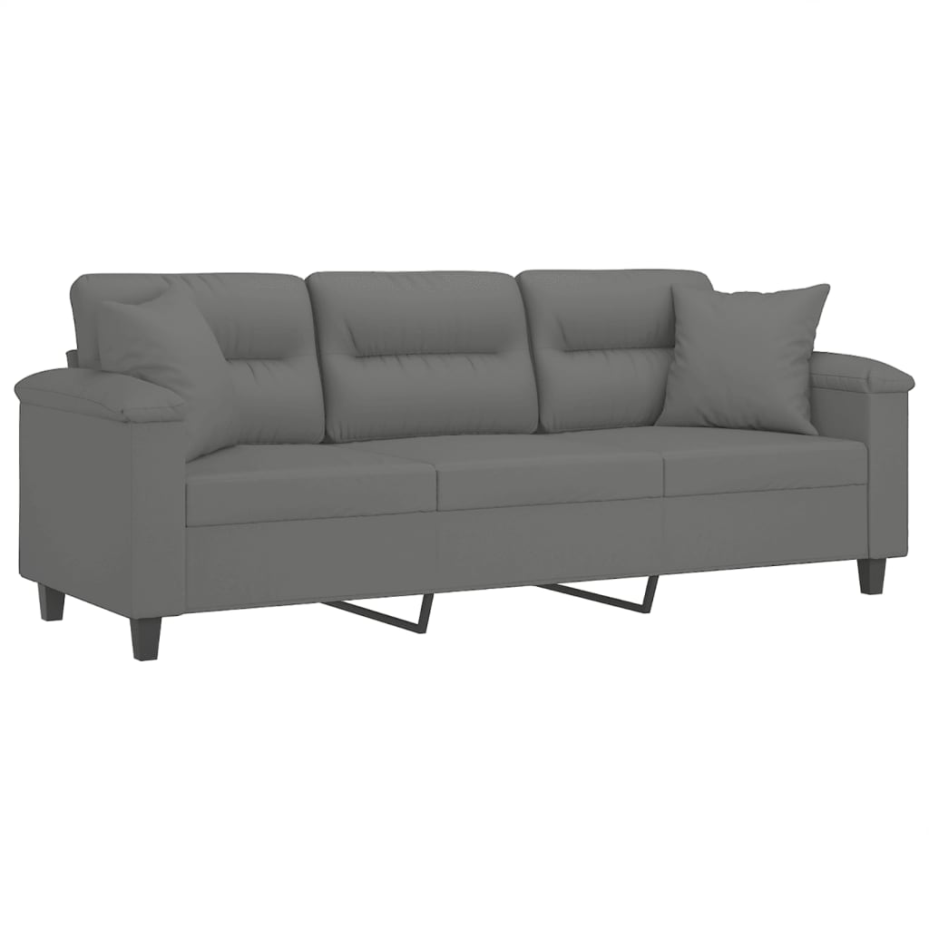 Sofá 3 lugares c/ almofadas 180 cm microfibra cinzento-escuro