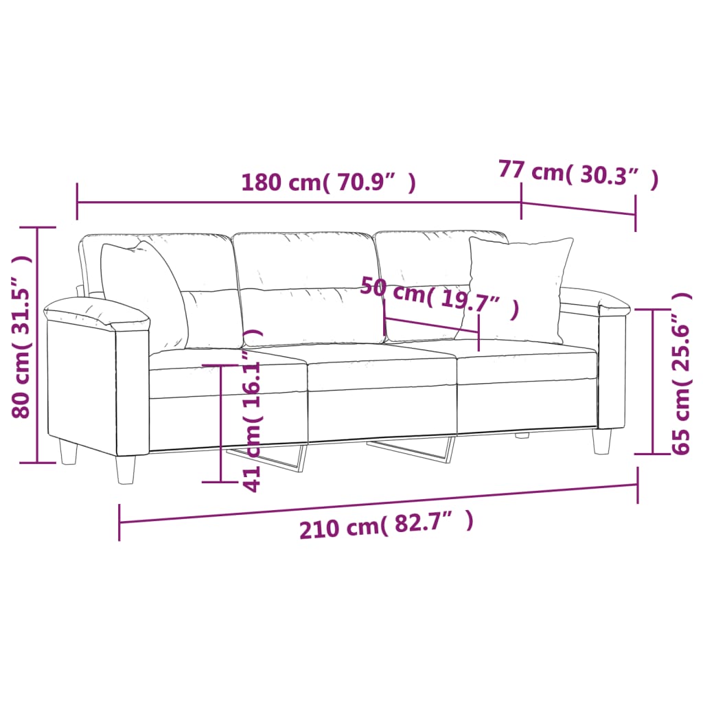 Sofá 3 lugares c/ almofadas 180 cm microfibra cor creme