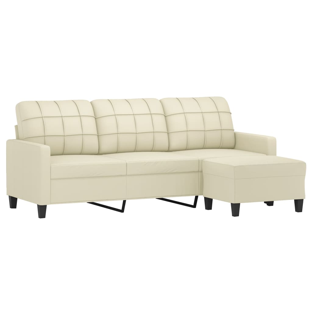 Sofá 3 lugares c/ apoio pés 180 cm couro artificial cor creme