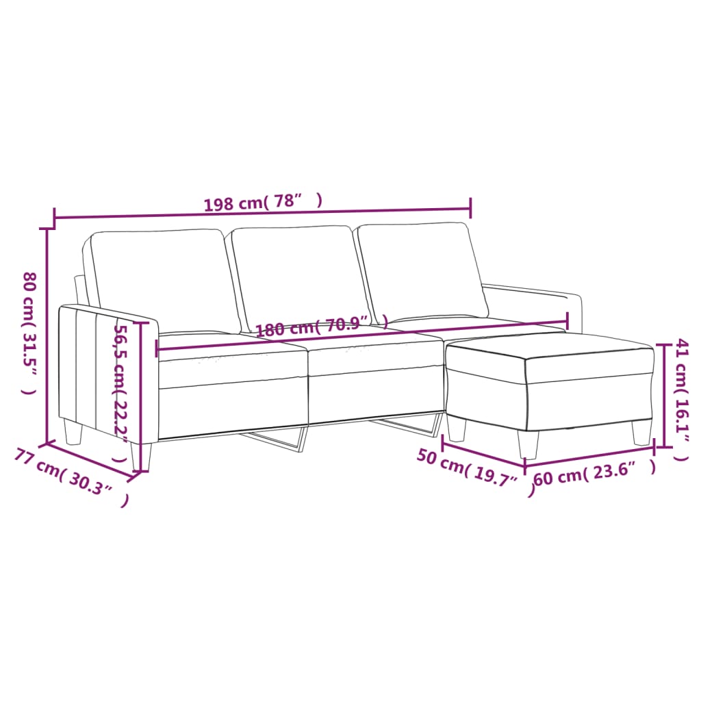 Sofá 3 lugares c/ apoio pés 180 cm couro artificial cor creme
