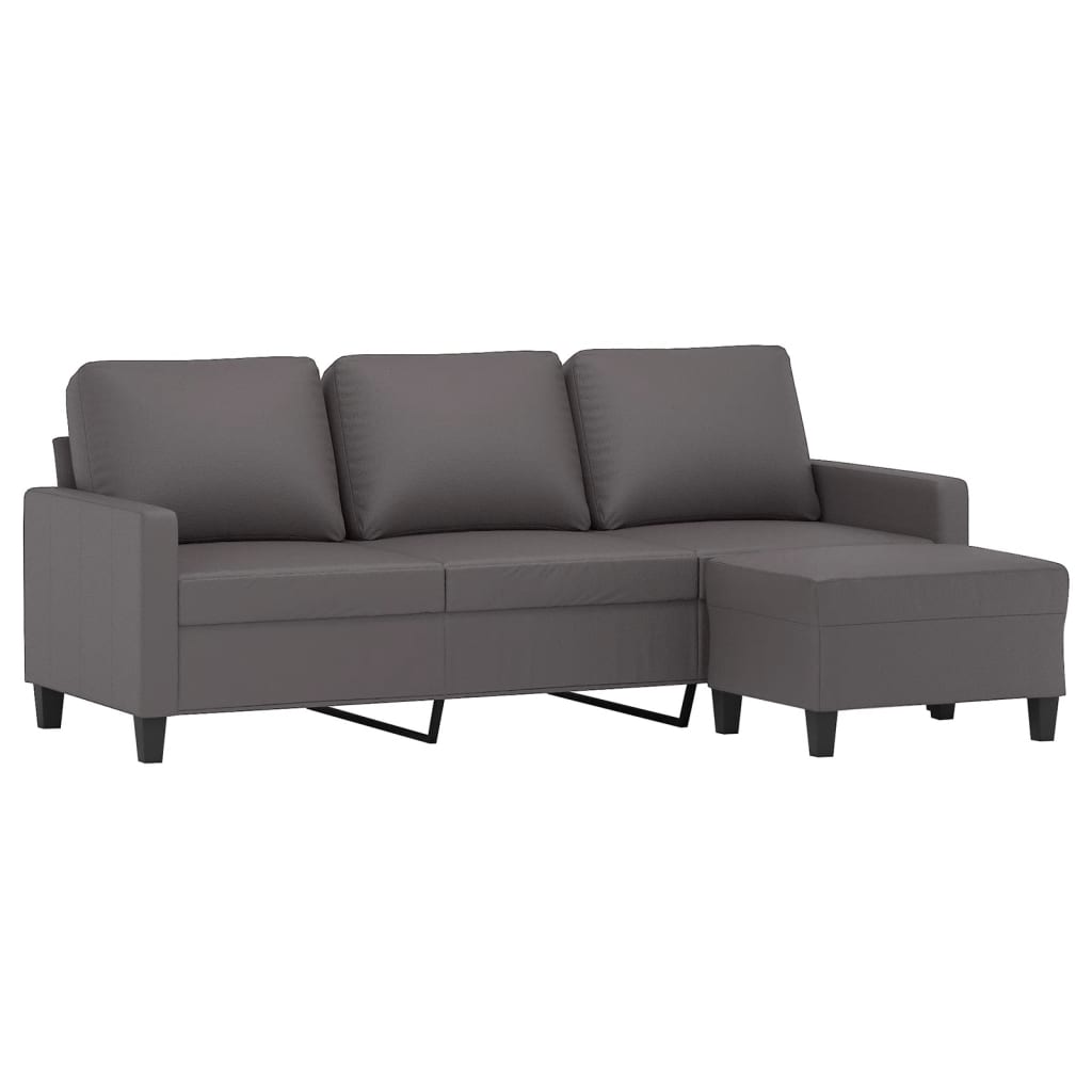 Sofá de 3 lugares c/ apoio de pés 180 cm couro artificial cinza
